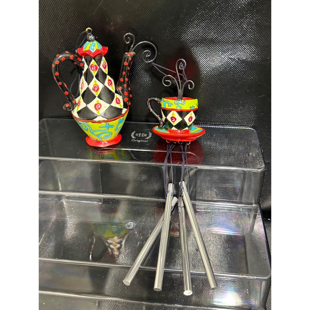 Whimsical Teapot and Cup Ornament Wind Chime Set Colorful Folk Art